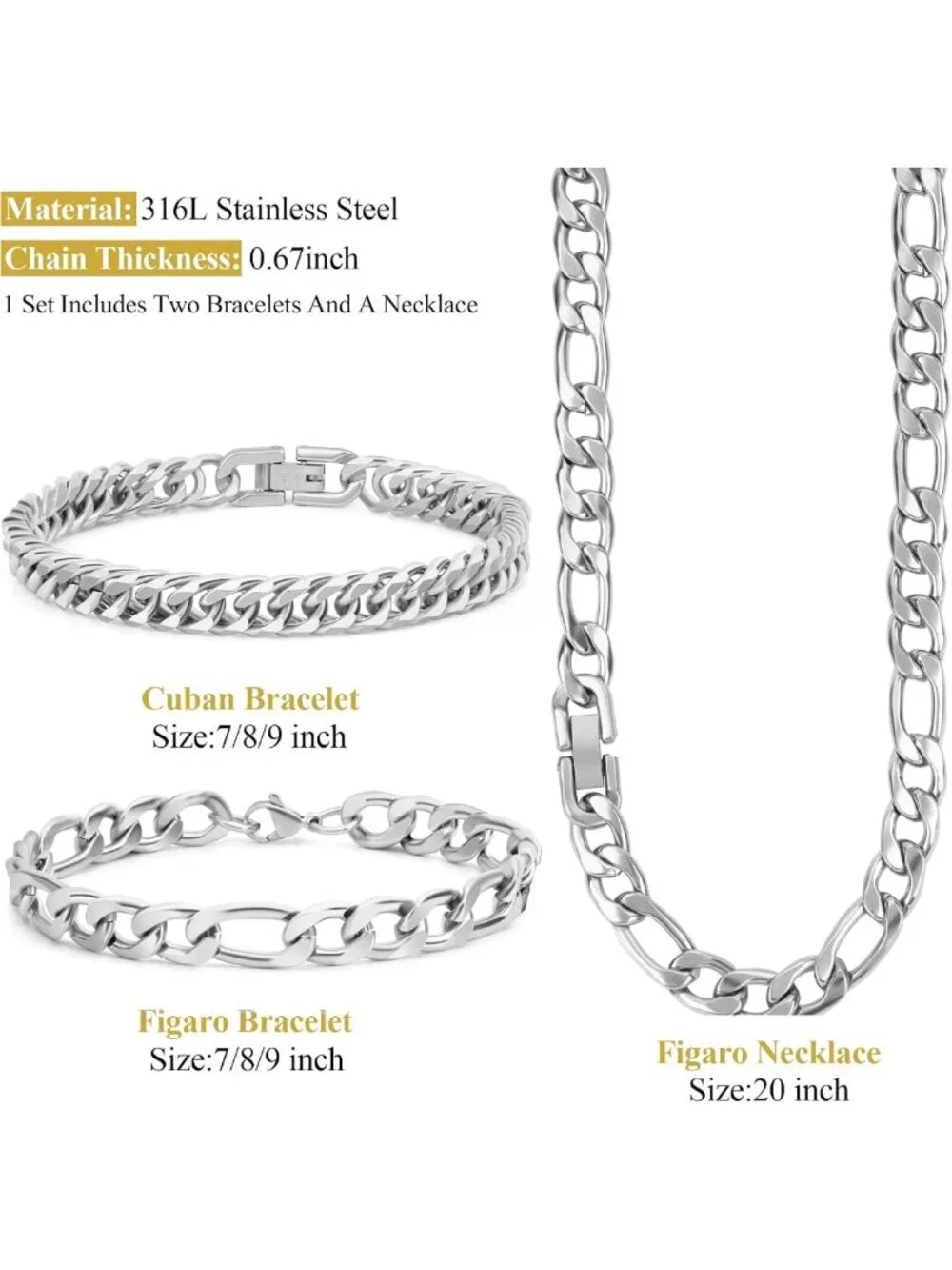 Stylish 3PCS Cuban Figaro Chain Jewelry Set - Silver, Gold, Black Stainless
